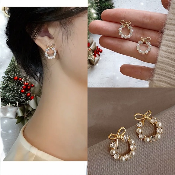 Holiday wreaths rhinestone pearl post earrings gold festive brand new - Picture 2 of 3